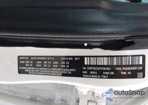 2017 Alfa Romeo Giulia Ti Rwd из США, поврежденный, VIN ZARFAECN7H7561851